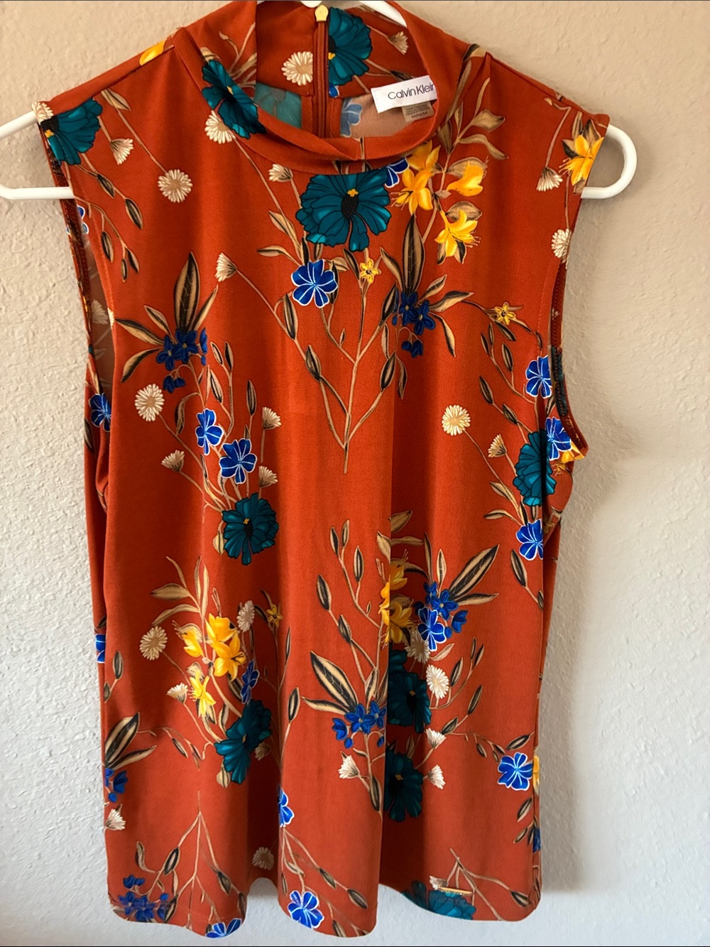 Calvin Klein Rust Floral Sleeveless Mock Neck Top